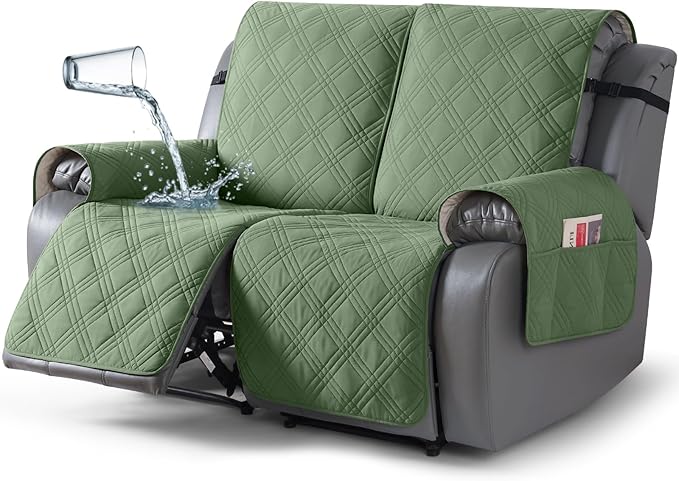 TAOCOCO 100% Waterproof Loveseat Recliner Covers 2 Seater, Split Loveseat Covers for Reclining loveseat, Non Slip Reclining Couch Cover with Double Straps for Kids, Pets(2 Seater, Bean Green)