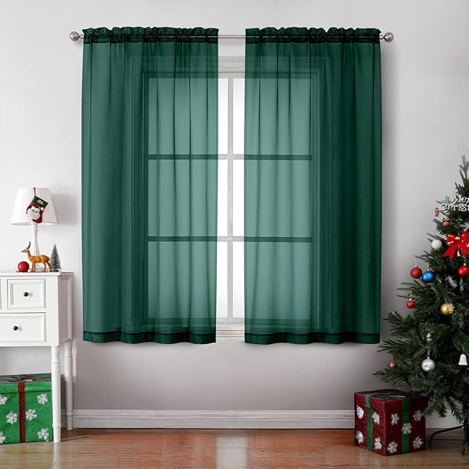 OVZME Hunter Green Sheer Curtains 63 Inches Long 2 Panels - Soft Light Filtering Window Sheer Panels for Living Room/Bedroom, Top Dual Rod Pocket, 1 Pair, Each 42Wx63L Inches