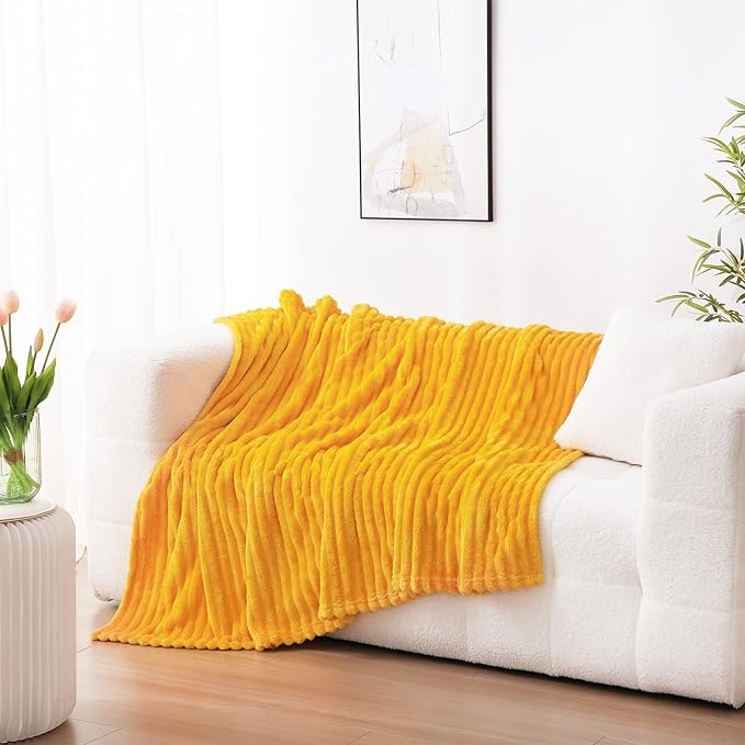 Yellow Fleece Throw Blanket 50”×60” for Couch Sofa Bed,Super Soft Cozy Plush Microfiber Flannel Blanket with 3D Stripes Lightweight for Adults,Woman,Girls,Gold