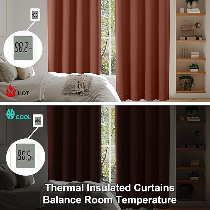 Simplebrand Ava Terracotta Blackout Curtains for Bedroom 63 Inch Length 2 Panels, Solid Thermal Insulated Energy Saving Rod Pocket Window Treatment Curtains Blackout Drapes, W40 x L63 Inch, Terracotta