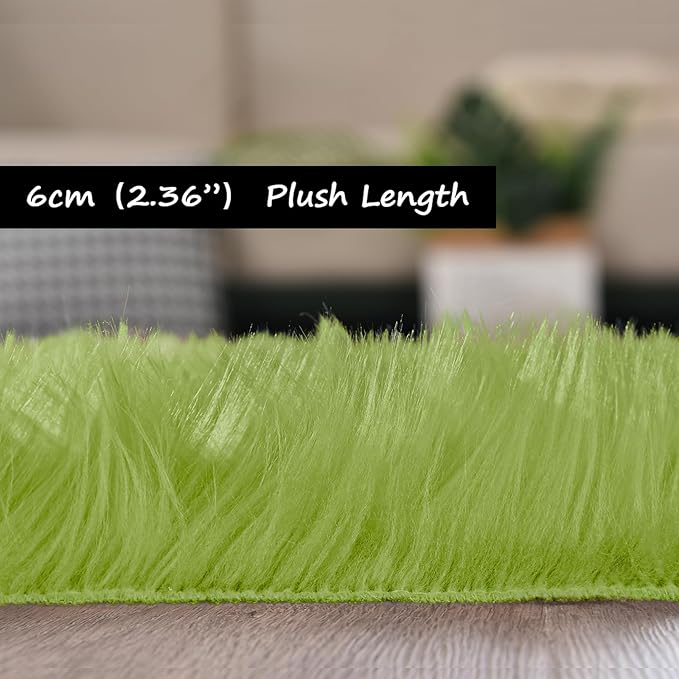Goolela Lime Green Fluffy Fur Rug 3x5 for Bedroom Playroom Bedside Fuzzy Furry Faux Sheepskin Rug Shag Décor Rectangle