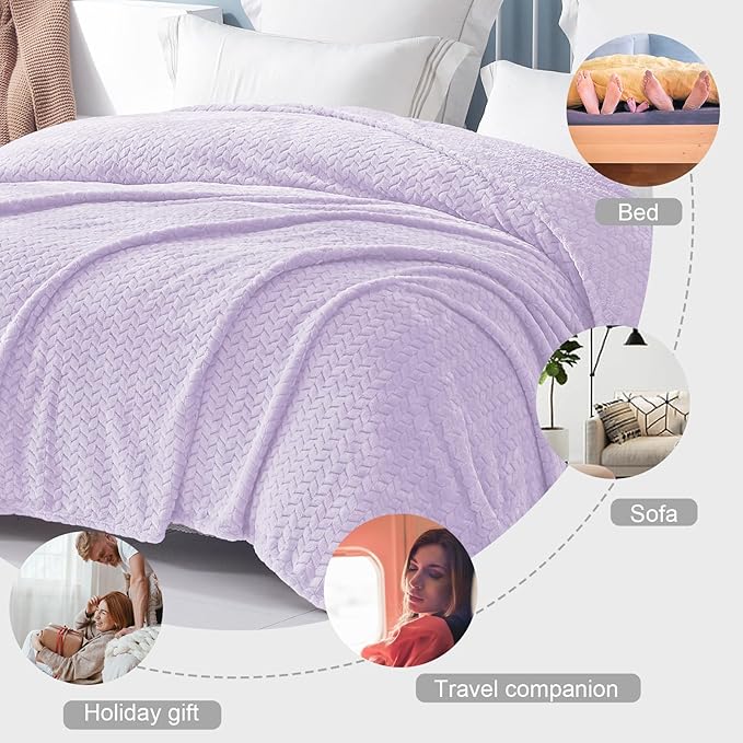 Exclusivo Mezcla Fleece Twin Size Blanket for Bed, 60x80 Inches Soft Cozy Jacquard Flannel Blankets, Lightweight Fuzzy Plush Warm for Women, Lilac Purple