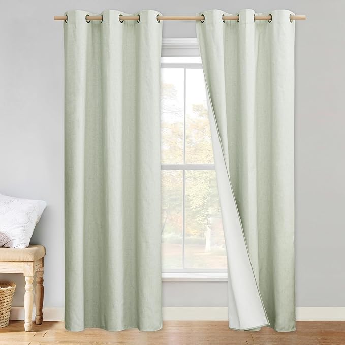 NICETOWN Sage Green 100% Blackout Linen Texture Curtains 90 inches Long 2 Panels for Boy's Room, Thermal Insulated Full Blackout 2-Layer Lined Drapes, Energy Efficiency Window Draperies