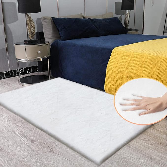 ORINOVA White Shaggy Bunny Fur Rugs for Living Room Washable Furry Area Rugs for Bedroom Nursery Rug 3x5 Teen Room Décor Boho Rug