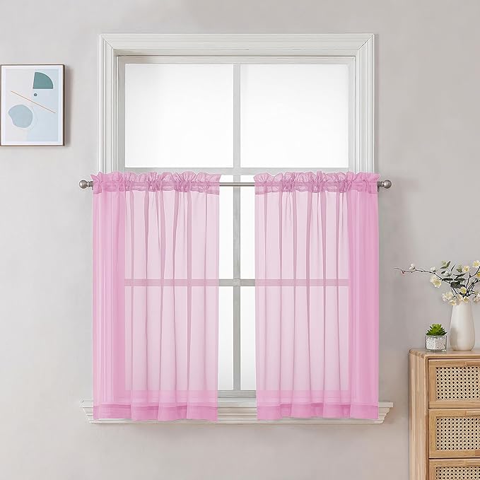 Chyhomenyc Pink Sheer Curtains 30 inch Length 2 Panels, Light Filtering Voile Rod Pocket Short Window Curtians for Bathroom Living Room Farmhouse Small Windows, 42Wx30L inches