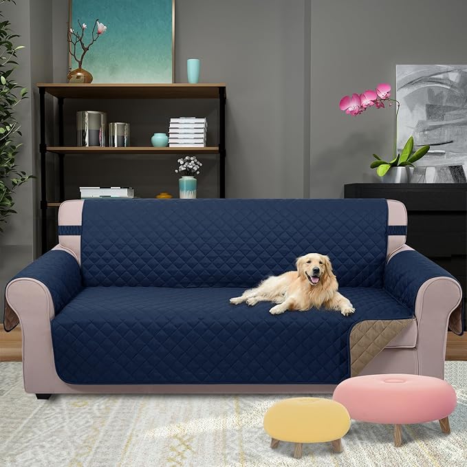 U-NICE HOME Reversible Sofa Cover Couch Cover for Dogs with Elastic Straps Water Resistant Furniture Protector for Pets Couch Cover for 3 Cushion Couch (Sofa, Navy/Taupe)