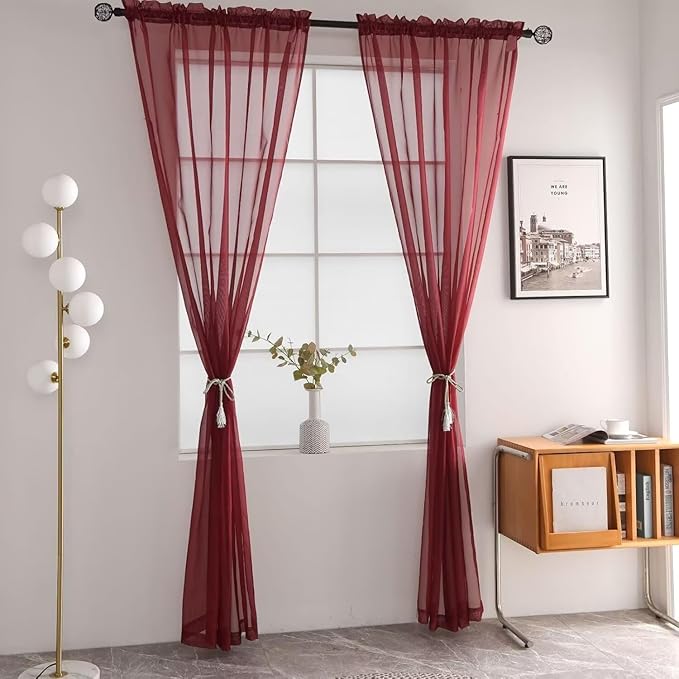SpaceDresser Burgundy Sheer Curtains 4 Panels Rod Pocket Semi-Sheer Curtain 96 Inches Long Light Filtering Voile Window Drapes for Bedroom Living Room Kitchen, Each 52W x 96L