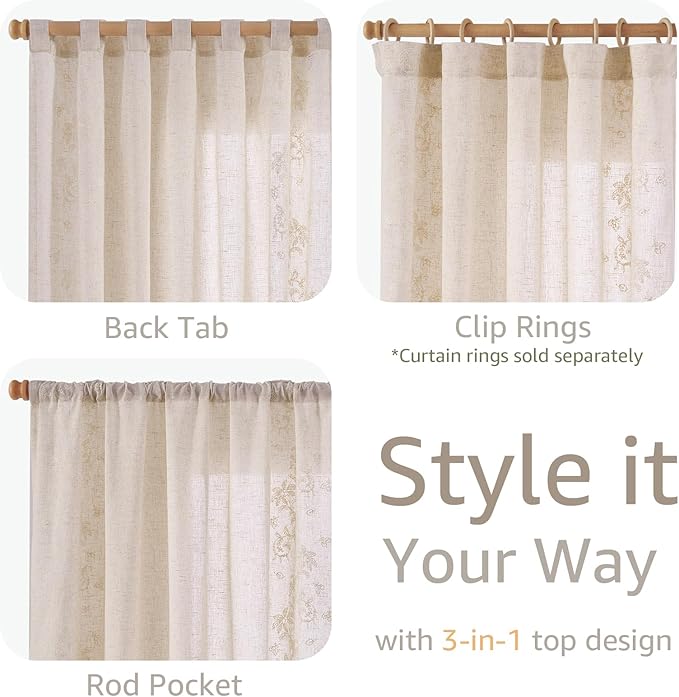 jinchan Evelyn Embroidered Linen Curtains 63 inch Floral Curtains for Living Room Bedroom Farmhouse Cottagecore Semi Sheer Light Filtering Window Drapes Rod Pocket Back Tab 2 Panels W50 x L63 Ivory