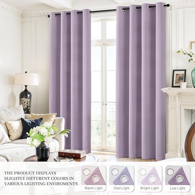 Yakamok Lilac 100% Blackout Curtains 72 Inches Long with 2 Thick Layers-Light Purple Room Darkening Thermal Insulated Window Curtain Set of 2 Panels for Bedroom Living Room 52x72 Inches,Lavender