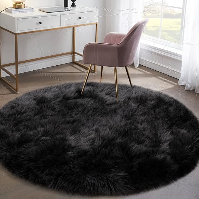 Faux Fur Rug for Bedroom, Black Fluffy Round Rug for Kids Room, Small Furry Circle Rugs 3X3, Soft Shag Circular Rug for Nursery, Fuzzy Plush Floor Carpet, Cute Indoor Decor for Gilrs Teen's Dorm