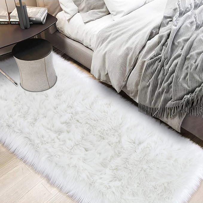 LOCHAS Soft Fluffy Faux Fur Rugs for Bedroom Bedside Rug 2x5 Feet, Washable, Furry Sheepskin Area Rug for Living Room Girls Room, Luxury Shag Carpet Home Decor, White