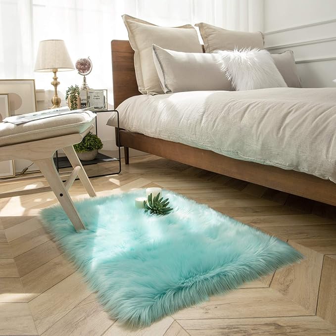 Ashler faux fur rug, Fluffy Shaggy Area Rug Ultra Soft 2 x 2.9 Feet Rectangle Fur Rug Turquoise Fuzzy Rug Machine Washable Shag Rug, Nursery Decor Throw Rugs for Bedroom, kids room, Living Room