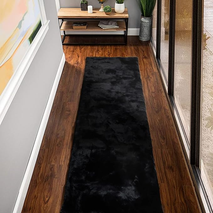 ORINOVA Fluffy Black Fuzzy Faux Rabbit Washable Shaggy Fur Rug for Living Room Bedroom Rugs Runners Rugs for Hallway 2x10 Nursery Rug