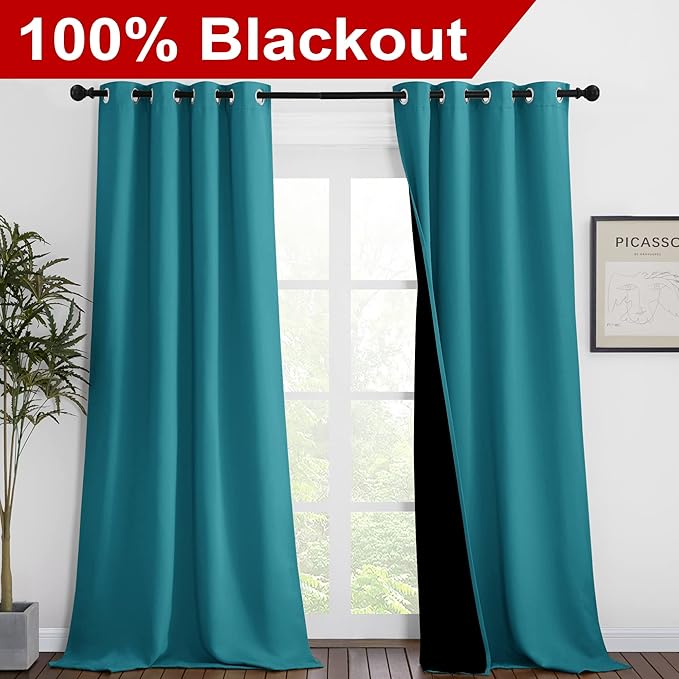 NICETOWN Peacock Teal Blackout Curtains 90 inches Long, Full Light Blocking Drapes with Black Liner for Nursery, Thermal Insulated Draperies for Hall, Villa (2 Pieces, 46" Wide Each Panel)