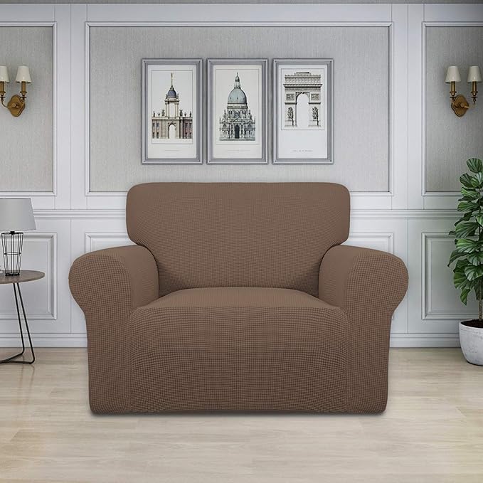 Easy-Going Stretch Oversized Chair Sofa Slipcover 1-Piece Couch Sofa Cover Furniture Protector Soft with Elastic Bottom for Kids Spandex Jacquard Fabric Small Checks Brown