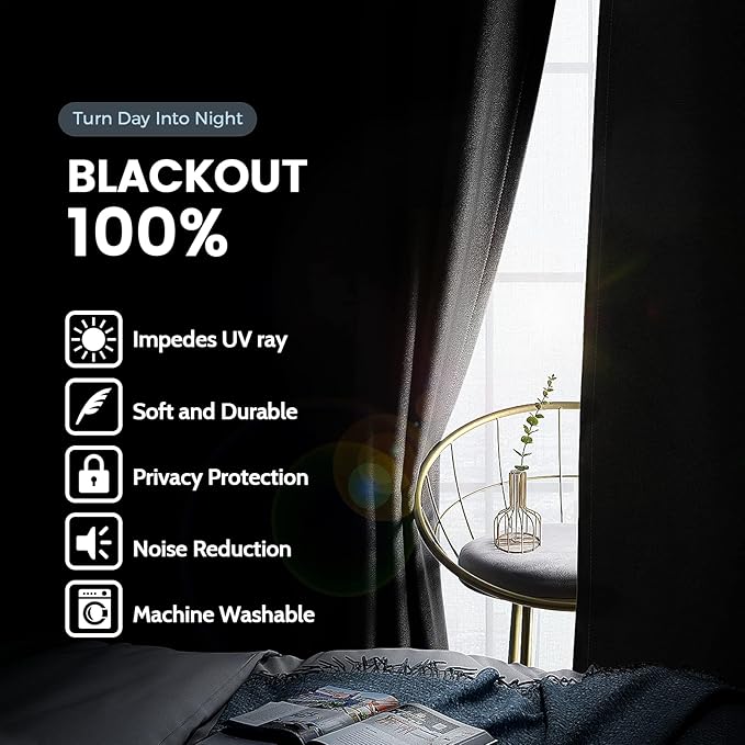 SimpleHome 100% Blackout Curtains for Bedroom,Thermal Insulated Grommet Window Drapes Room Darkening Black Curtains for Living Room with Black Back,52 x 63 Inch,2 Panels