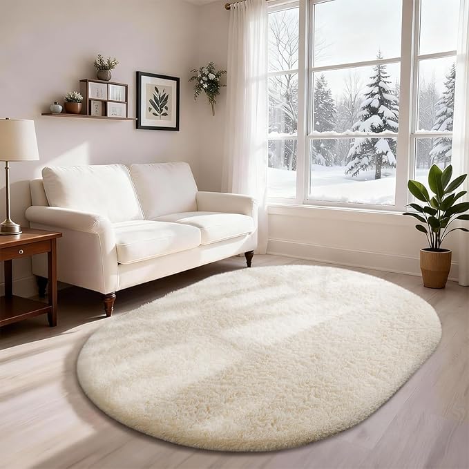 Ophanie 4x6 Oval Ivory Rugs for Bedroom Living Room, Fluffy Fuzzy Furry Carpet, Plush Soft Shaggy Bedside Indoor Floor Area Rug for Kids Girls Boys Baby Teen Dorm Nursery Home Decor Aesthetic