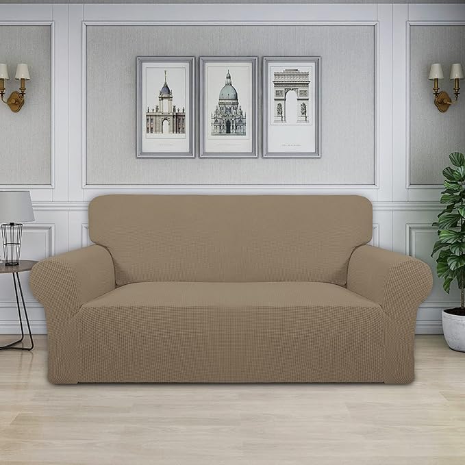 Easy-Going Stretch Oversized Loveseat Slipcover 1-Piece Sofa Cover Furniture Protector Couch Soft with Elastic Bottom for Kids Polyester Spandex Jacquard Fabric Small Checks Natural