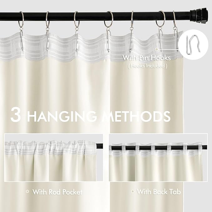 MIULEE Cream Back Tab Blackout Curtains 102 Inch Long 2 Panels Set for Bedroom, Rod Pocket/Pinch Pleated Thermal Insulated Living Room Darkening Light Blocking Floor to Ceiling Drapes