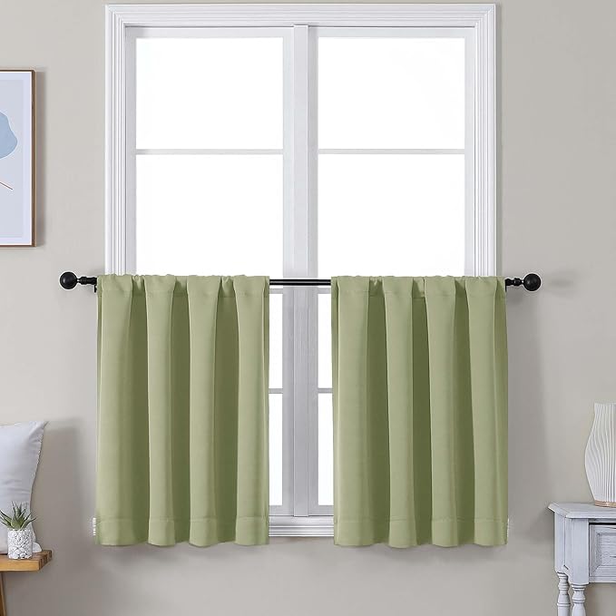 Simplebrand Ava Sage Green Short 24 Inches Blackout Curtain 2 Panels Set, Half Window Rod Pocket Privacy Curtain Tiers for Kitchen, Curtains Blackout for Bathroom Shades, W30 x L24 Inch, Sage Green