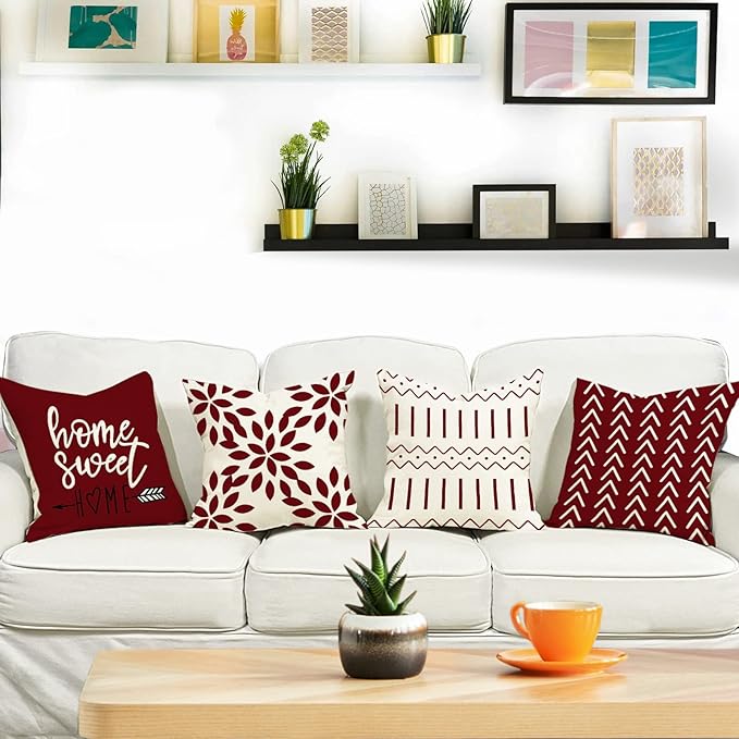 YCOLL Christmas Pillow Covers 20x20 Set of 4, Modern Sofa Throw Pillow Cover for Christmas Decor, Decorative Outdoor Linen Fabric Pillow Case for Couch Bed Car, Wine Red