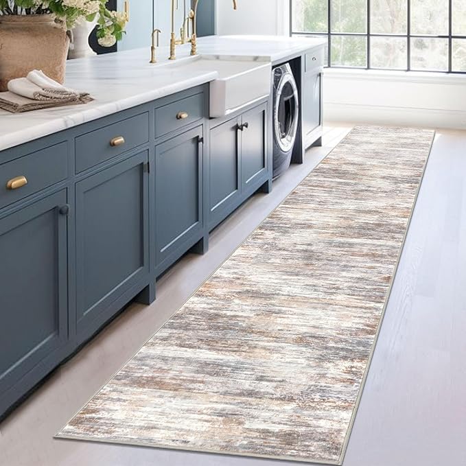 KOZYFLY Modern Abstract Runners for Hallways 2x12 Washable Rug Runner Non-Slip Soft Striped Kitchen Runner Rug, Multi Grey/Orange Print Carpet Runner for Entryway Bathroom
