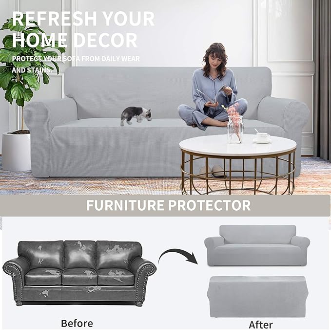 Easy-Going Stretch Oversized Loveseat Slipcover 1-Piece Sofa Cover Furniture Protector Couch Soft with Elastic Bottom for Kids Polyester Spandex Jacquard Fabric Small Checks Silver Gray