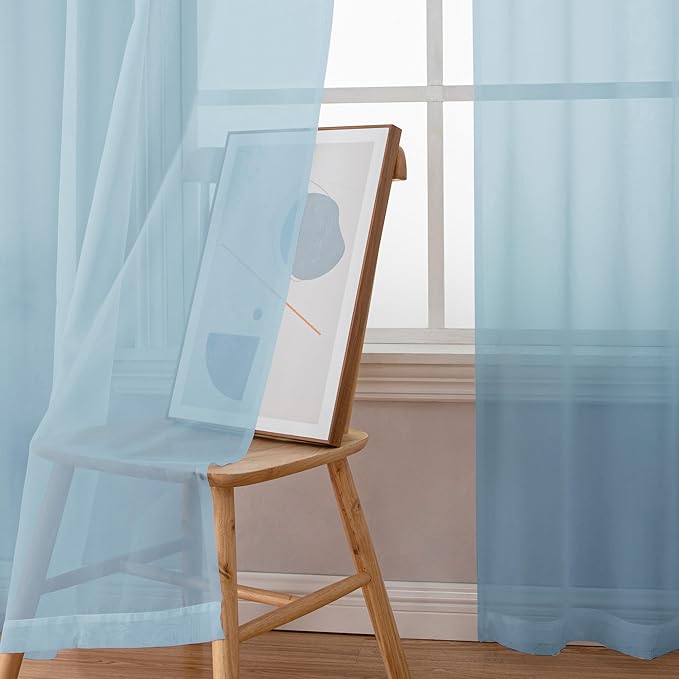 Chyhomenyc Sheer Sky Blue Curtains 90 inches Long 2 Panels, Light Filtering Soft Airy Solid Elegant Voile Window Treatment Drapes for Bedroom Living Room Wedding Party Decor, 42 Wx90 L Inches
