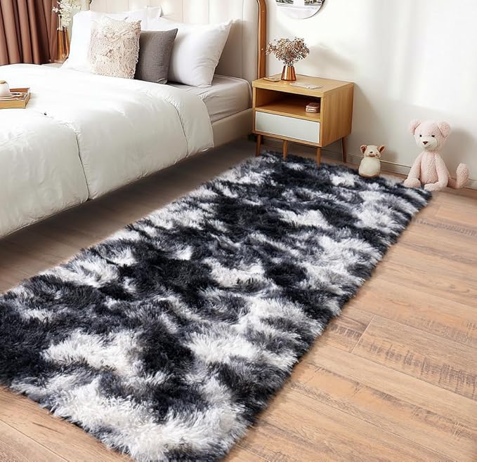 Pionblank Fluffy Runner Rugs for Bedroom 2x6, Modern Shaggy Area Rug for Hallway Living Room, Plush Soft Fuzzy Bedside Carpet for Kids Girls Boys Room Nursery Decor, Black White