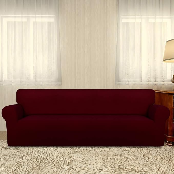 PureFit Super Stretch 4 Seater Sofa Slipcover – Spandex Non Slip Soft Couch Sofa Cover, Washable Furniture Protector with Non Skid Foam and Elastic Bottom for Kids, Pets （XX Large, Wine）
