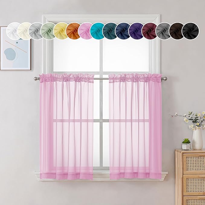Chyhomenyc Pink Curtains Over Sink 36 Inch Length 2 Panels, Light Filtering Short Rod Pocket Voile Sheer Drapes for Bathroom Living Room Small Windows, Each 42W x 36L inches