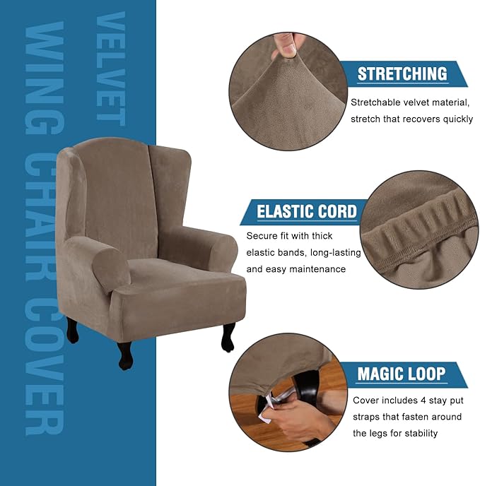 H.VERSAILTEX Wingback Chair Covers Velvet Plush Wing Chair Slipcover 1 Piece High Stretch Wing Back Chair Slipcovers Sofa Cover Furniture Cover with Elastic Bottom, Mocha