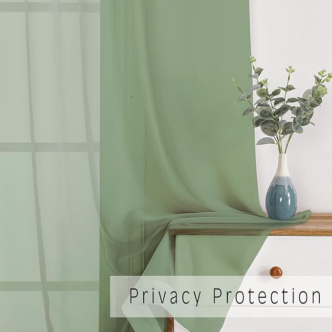 OWENIE Short Sage Green Sheer Curtains 24 Inches Long 2 Panels for Bathroom Window, Rod Pocket Light Filtering Sheer Tier Curtains for Small Kitchen Laundry Room, RV, Camper Travel Trailers, 42W x 24L