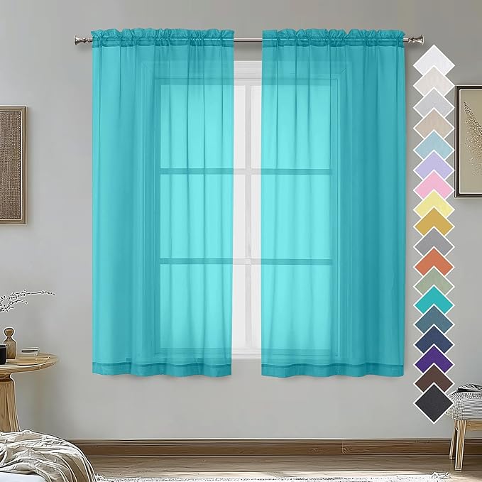 OVZME Turquoise Sheer Curtains 54 Inches Long 2 Panels - Soft Light Filtering Window Sheer Panels for Living Room/Bedroom, Top Dual Rod Pocket, 1 Pair, Each 42Wx54L Inches