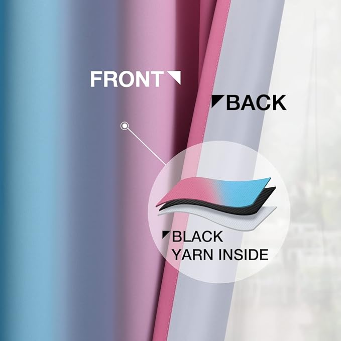 Yakamok Ombre Pink and Blue Curtains for Bedroom, Gradient Room Darkening Curtains, Grommet Thermal Insulated Light Blocking Window Drapes/Curtain for Living Room,52 x 72 Inch,2 Panels