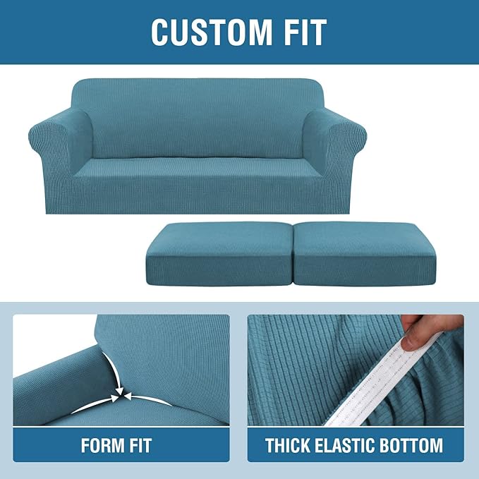 H.VERSAILTEX 3 Piece Stretch Sofa Covers for 2 Cushion Sofa Couch Covers for Living Room Furniture Cover (Base Cover Plus 2 Seat Cushion Covers) Thicker Jacquard Fabric(Large Sofa, Storm Blue)