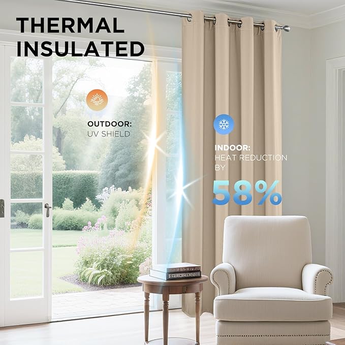 Joydeco Blackout Curtains 72 Inch Length 2 Panels Set, Thermal Insulated Long Curtains& Drapes 2 Burg, Room Darkening Grommet Drapes for Living Room Bedroom Window (W52 x L72 Inch, Light Beige)
