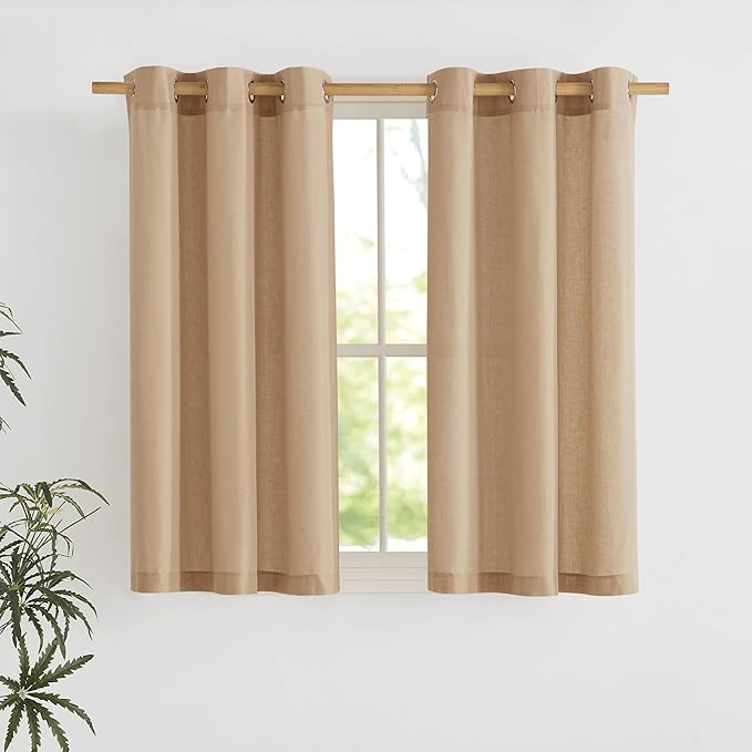 NICETOWN Camel Short Linen Curtains for Kitchen, Thick Flax Small Window Treatments Semi Sheer Privacy Assured with Light Through for Cafe/Bathroom, W42 x L48, 2 Panels