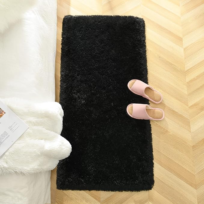 Chicrug Soft Runner Rug for Bedroom Living Room Plush Fluffy Rug 2x3 Feet, Shag Furry Runner Carpet Non Shedding for Nursery Children Kids Girls Room Home Decorative, Black