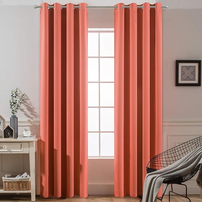 Yakamok Blackout Curtains 84 Inches Long Coral Room Darkening Thermal Insulated Solid Grommet Top Window Treatment Drapes Curtain for Bedroom Living Room 52x84 inch, Coral Orange, 2 Panels