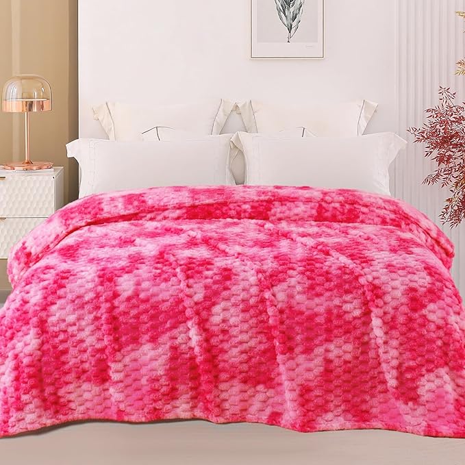 Exclusivo Mezcla Fleece Twin Blanket for Bed, Extra Large Fuzzy Tie-dye Hot Pink Bed Blankets, Soft Cozy Plush Sofa Throws for All Seasons, 60x80 Inches