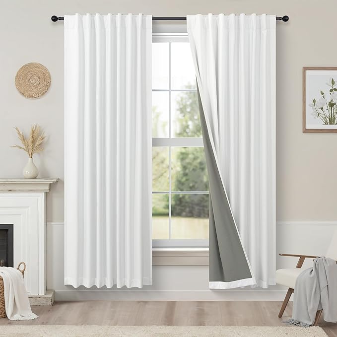 Black Out Curtains 63 Inch Long Small White Blackout Energy Saving Dining Room Darkening Curtain for Nursery Office Shabby Chic Faux Linen Kids Bedroom Curtains 63 Inch Length 2 Panels Back Tab Pocket