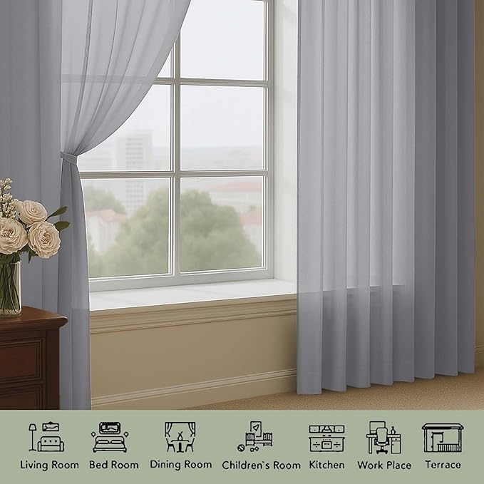 OWENIE Extra Long Grey Sheer Curtains 96 Inches Long 2 Panels Set, Soft Lightweight Airy Voile Sheer Curtain for Bedroom Living Room, Rod Pocket Solid Color Farmhouse Curtains, 59" Wx96 L Inch