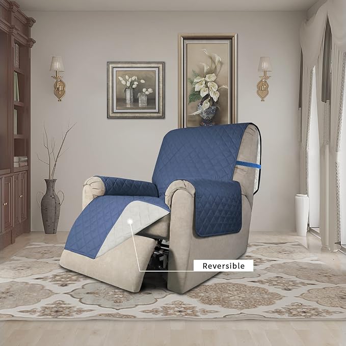 Easy-Going Recliner Chair Slipcovers Reversible Chair Sofa Cover Water Resistant Couch Cover Furniture Protector with Elastic Straps for Pets Dog (Recliner 22 inch, Dark Blue/Ivory)