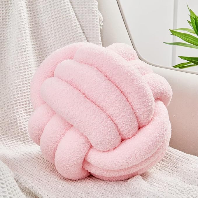 Uvvyui Knot Pillow Ball, Soft Home Decorative Pillows, Round Throw Pillow, Handmade Knotted Plush Pillow, Round Boucle Pillow Cushion (8.6 Inches Pink)
