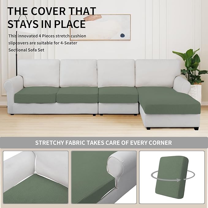 Easy-Going Stretch 4 Pieces Couch Cushion Covers for Sectional Sofa Left/Right L Shape Chaise Lounge Sofa Seat slipcover Anti-Slip Sofa Cover Soft (3 Seater + 1 Chaise, Greyish Green)