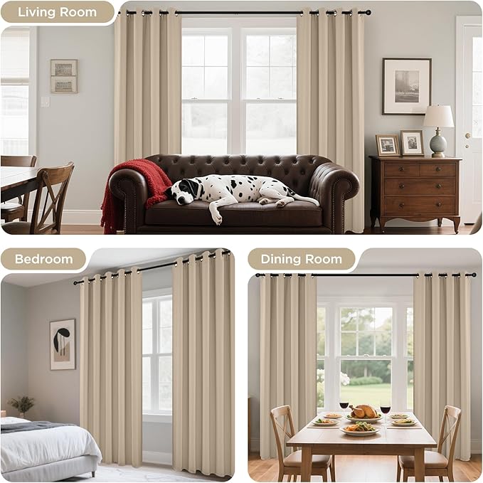 Joydeco Blackout Curtains 72 Inch Length 2 Panels Set, Thermal Insulated Long Curtains& Drapes 2 Burg, Room Darkening Grommet Drapes for Living Room Bedroom Window (W52 x L72 Inch, Light Beige)