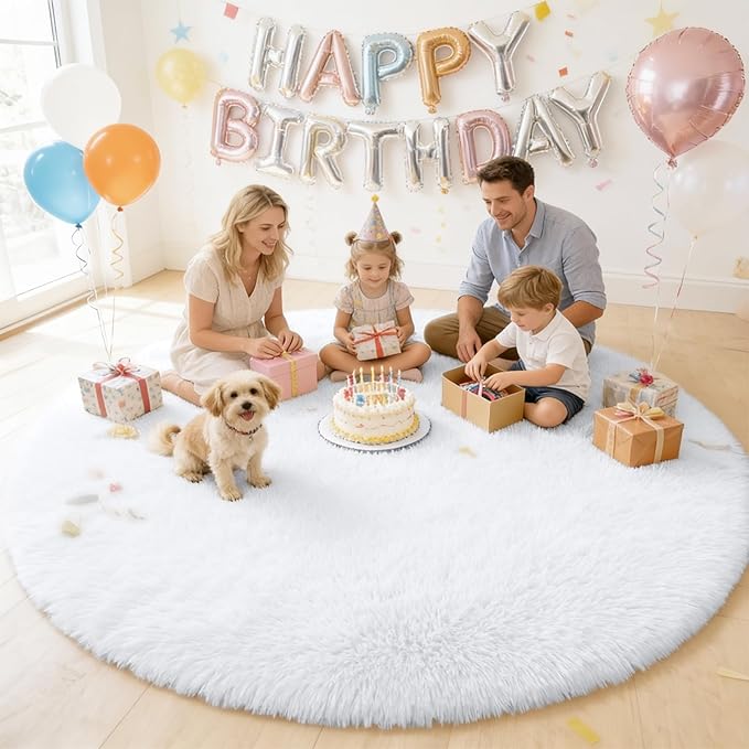 OLANLY White Round Rugs for Bedroom - Machine Washable, 9 ft Circle Area Rugs for Living Room, Soft and Fluffy Shaggy Carpet for Teen Girls and Boys, Nursery Rooms, Dorms, Home Decor Aesthetic