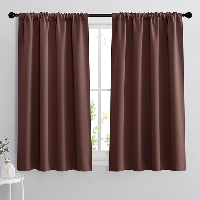 RYB HOME Short Blackout Curtains for Bedroom, Room Darkening Insulated Summer Heat Light UV Blocking Energy Saving Drapes for Nursery, Width 34 by Length 45, Chocolate Brown, Set of 2