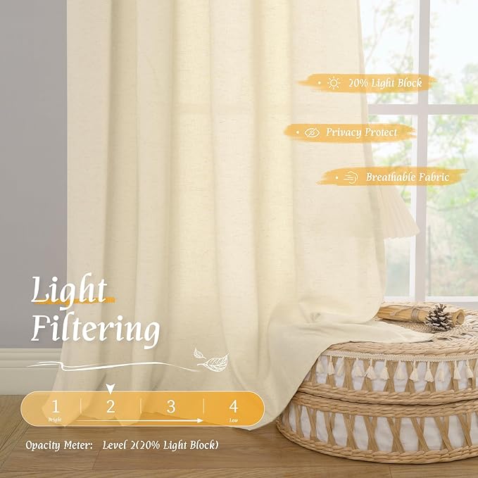 LAMIT Beige Linen Curtains 63 Inch for Bedroom, Light Filtering Neutral Faux Linen Privacy Curtains Rod Pocket Living Room Panels for Small Window, 2 Panels, 52 x 63 Inch, Beige